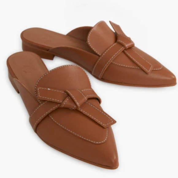 Flattered Cognac Leather Anina Slides Mules Shoes Size 39 US Women's 9 Tan Knot - Picture 1 of 10